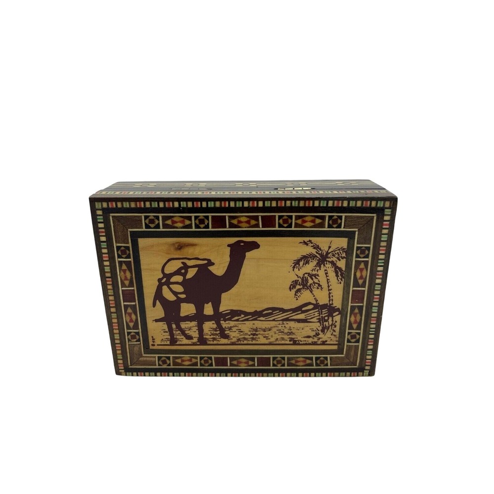 Vintage Small Trinket Box Camel Desert Scene Inlay Wood Decorative‎ Storage